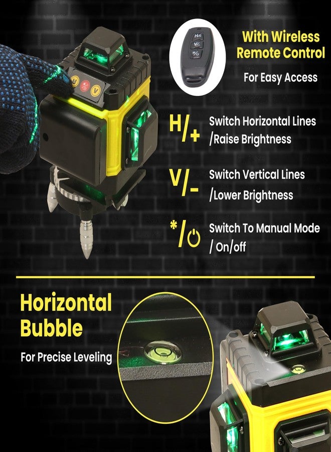 TOMAHAWK® LEV-1616-16 Lines Green Laser Level Pro - 4x360° 4D Green Cross Self-Levelling Professional Laser Line for Construction with Two 360° Vertical/Horizontal Laser Level (Yellow Edition) - Image 2